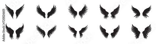 Bird wings flat black icons set. Isolated wings black icons. Vector illustration