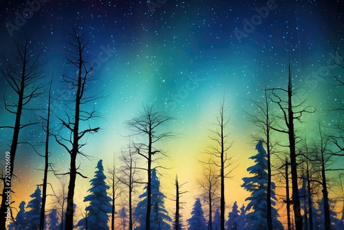 intense aurora borealis illuminating a forests silhouette