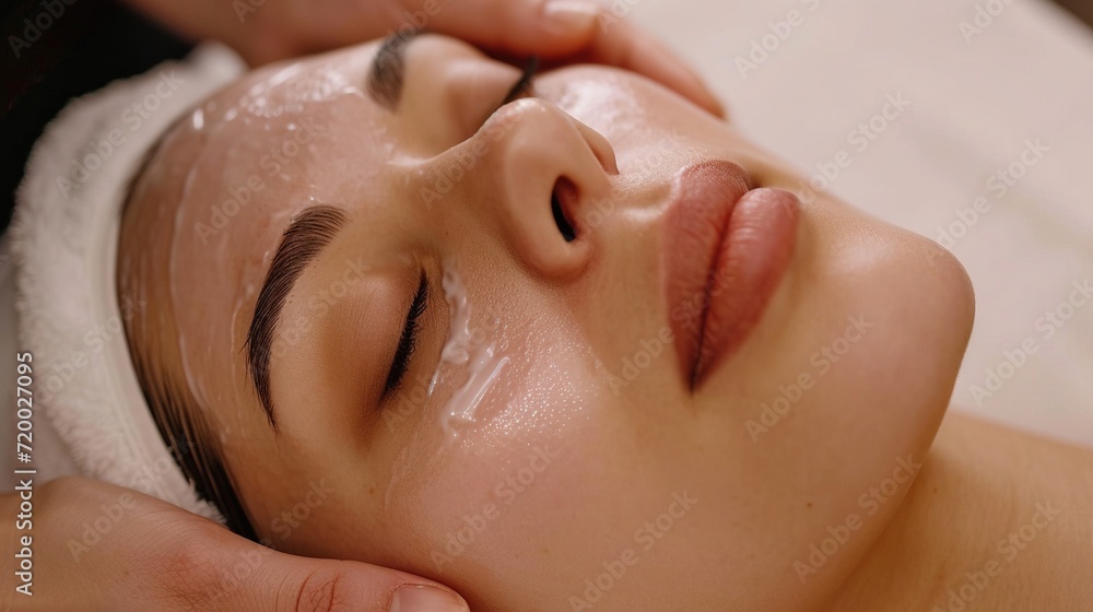Facial Treatment for Hydrated Glowing Skin,Close-up of a tranquil person receiving a hydrating facial treatment, with focus on skin care and relaxation. Facial Treatment for Hydrated Glowing Skin,Close-up of a tranquil person receiving a hydrating facial treatment, with focus on skin care and relaxation.