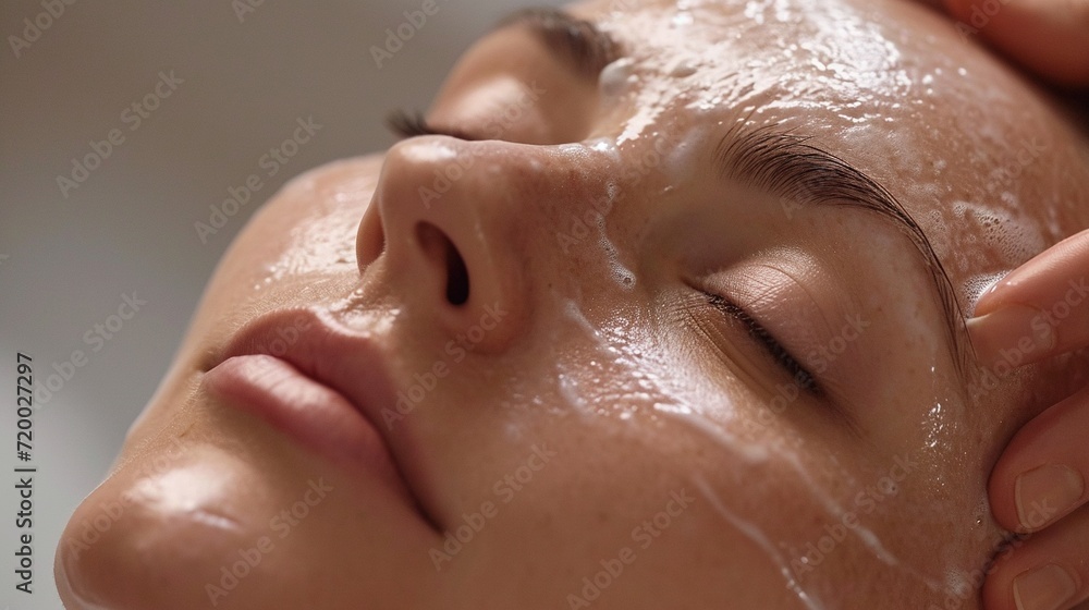 Facial Treatment for Hydrated Glowing Skin,Close-up of a tranquil person receiving a hydrating facial treatment, with focus on skin care and relaxation. Facial Treatment for Hydrated Glowing Skin,Close-up of a tranquil person receiving a hydrating facial treatment, with focus on skin care and relaxation.