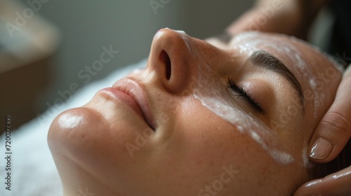 Facial Treatment for Hydrated Glowing Skin Close-up of a tranquil person receiving a hydrating facial treatment  with focus on skin care and relaxation.