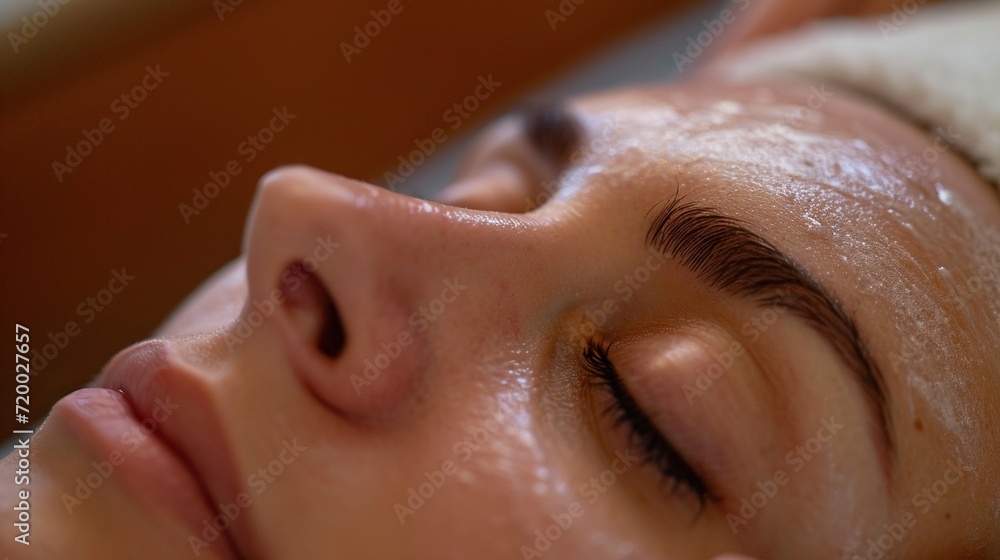 Naklejka premium Facial Treatment for Hydrated Glowing Skin,Close-up of a tranquil person receiving a hydrating facial treatment, with focus on skin care and relaxation.