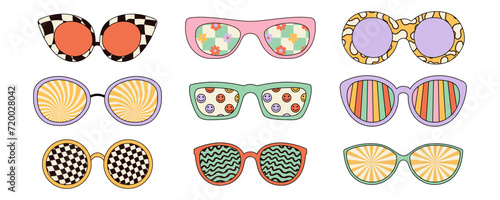 Groovy sunglasses set in retro hippie style. Vector illustrations isolated on white background.