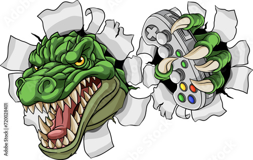A crocodile, dinosaur or alligator lizard gamer sports video game gaming mascot holding a games controller