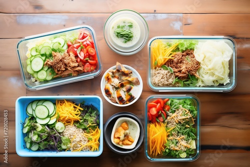 overhead shot of meal prep containers with salads