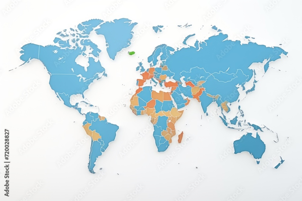 World Map with Classic Political Boundaries, on an Isolated White Background, Generative AI