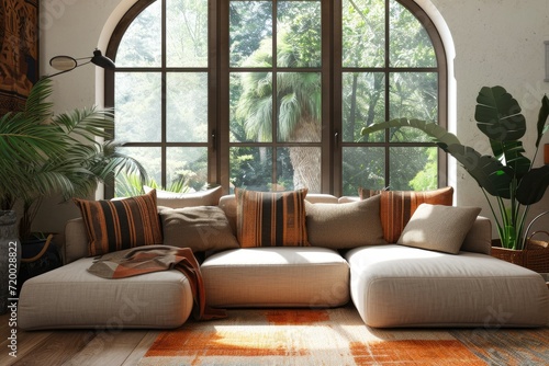 Corner sofa with pillows against arched window. Boho ethnic home interior design of modern living room © LivroomStudio