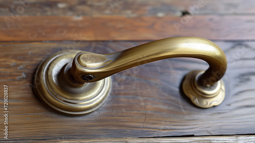 Antique brass door handle on wooden door.