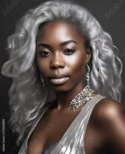 African woman in white silver hair on dark background 