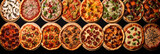 various types of pizzas shown in different sizes, in the style of collage impressionist, isolated figures, aerial photography, fisheye lens, shaped canvas