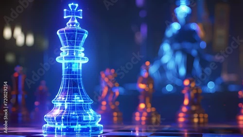 A holographic king piece standing tall and commanding surveying the chess board with a steely gaze.