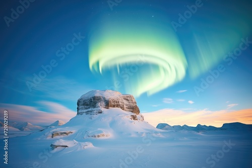 ring-shaped aurora borealis visible above a snowy ridge