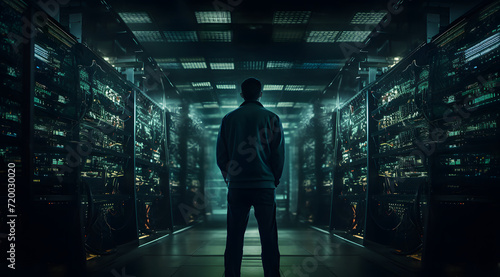 IT engineer in a large database server center office, surrounded by racks of hardware in a big cloud data center. Illustrating high-speed data transfer, server management, and advanced technology.