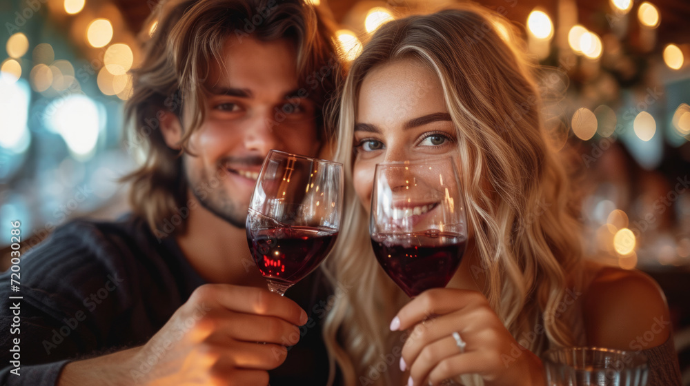 Young lovely couple on a date at a romantic restaurant, raising their glasses of red wine to toast each other on valentine's day