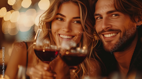 Young lovely couple on a date at a romantic restaurant, raising their glasses of red wine to toast each other on valentine's day