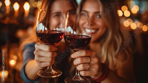 Young lovely lesbian gay couple on a date at a romantic restaurant, raising their glasses of red wine to toast each other on valentine's day photo