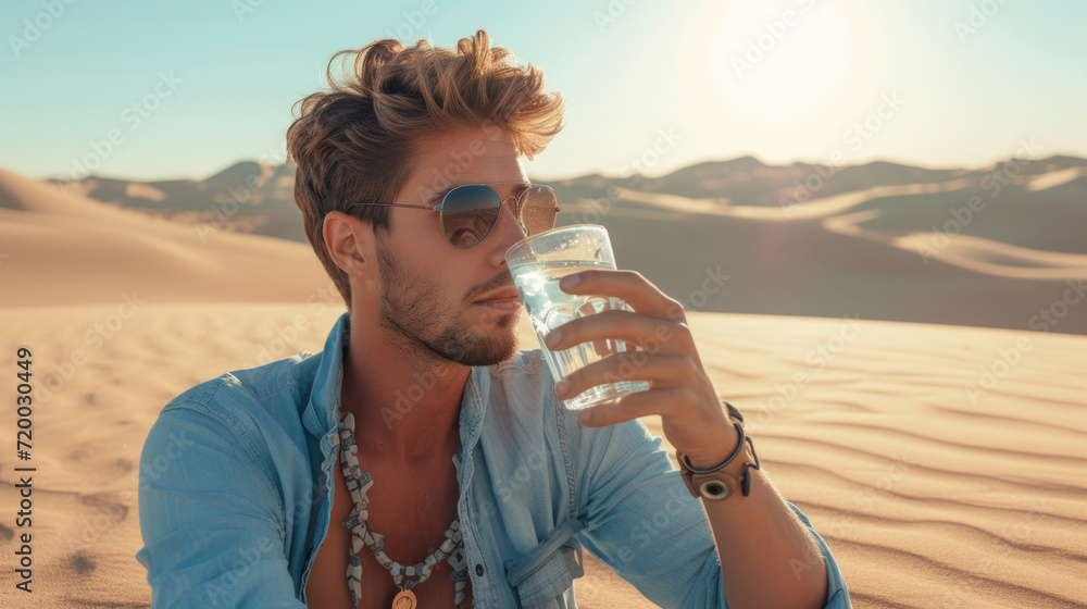 Man enjoying a glass of water in middle desert during a heatwave - obrazy, fototapety, plakaty 