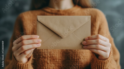 Young woman hands holding an envelope containing a love letter or a card from a friend in the mail photo