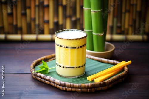 refreshing mango lassi in a copper cup with a bamboo background photo