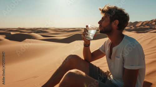 Man enjoying a glass of water in middle desert during a heatwave