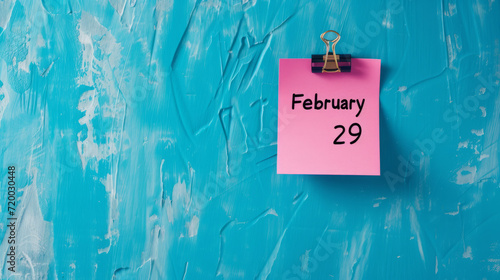Pink note on blue wall background with written February 29 as a reminder for leap year day with copy space photo