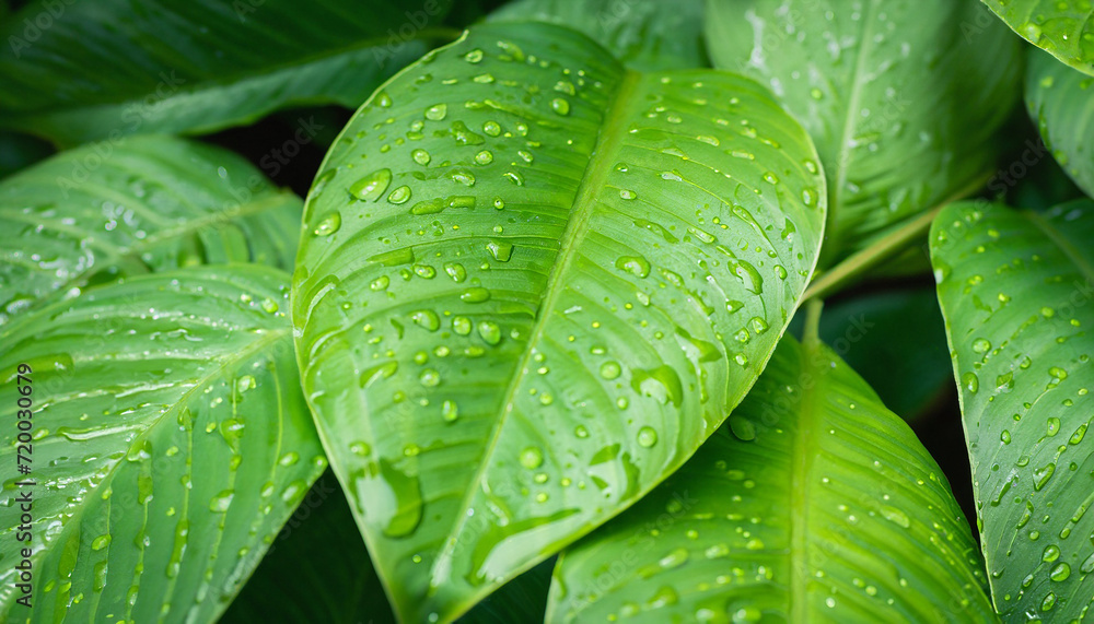 Obraz premium abstract green leaf texture nature background tropical rain atmosphere, plant with droplets, copy space