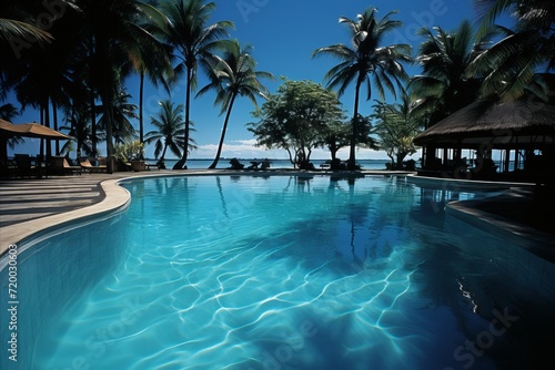 Swimming pool with palm trees and blue sky. Luxury resort