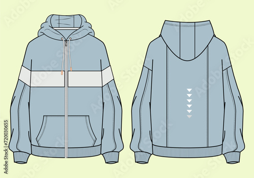 Ladies Athleisure Long Sleeve Drop Shoulder Oversize Hoodie with Cut Sew and Kangaroo Pocket - Front, Back View - Gym and Sports Vector Flat Sketch