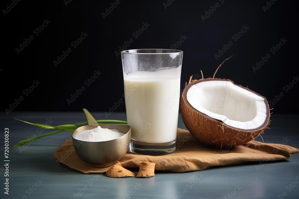 glass of coconut milk with whole and cut coconuts glass of coconut milk with whole and cut coconuts
