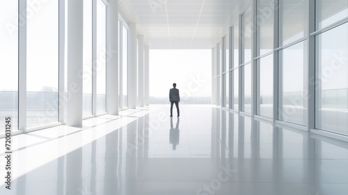 Modern business ambiance: man strolling through spacious office corridor with abundant natural light and large windows – ideal for business presentations, wallpaper, and conceptual backgrounds