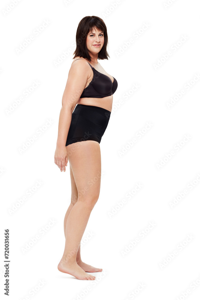 Portrait, beauty and plus size woman in underwear in studio isolated on a white background mockup space. Confident person, natural model and body positivity, self acceptance and healthy young lady Portrait, beauty and plus size woman in underwear in studio isolated on a white background mockup space. Confident person, natural model and body positivity, self acceptance and healthy young lady