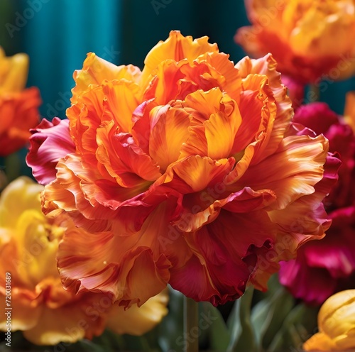 Showcase the vibrant. Multicoloured (orange-red) Parrot Tulip on the dark blue-green background. Made by AI.