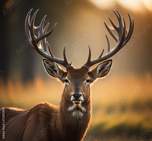 deer in the forest. Big wild deer in autumn forest  A majestic deer with antlers standing proudly in the forest at dawn. Created with Generative AI 