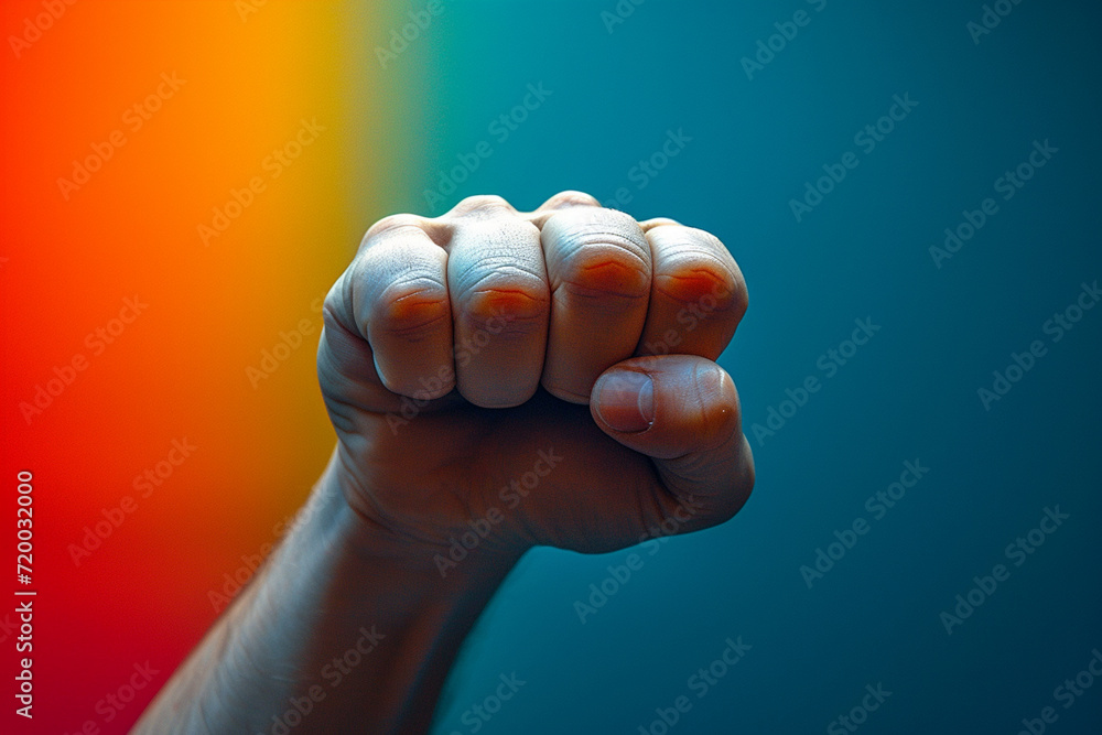 .A close-up of a person's clenched fist and tense arm muscles, set against a backdrop of stark, high-contrast colors. .A close-up of a person's clenched fist and tense arm muscles, set against a backdrop of stark, high-contrast colors.