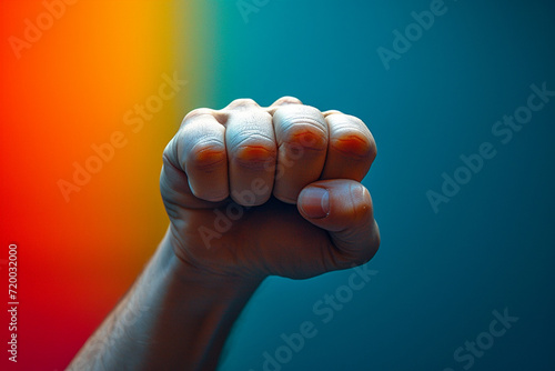 .A close-up of a person s clenched fist and tense arm muscles  set against a backdrop of stark  high-contrast colors.