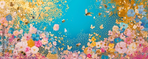 Abstract Honeycomb and Bees Amidst Pink Blooms - Oil Painting Style Close-Up photo