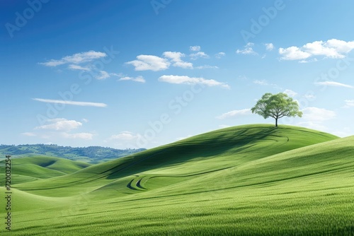 A green tree crowns the summit of a lush green hill, with fluffy clouds decorating the sky, forming a harmonious and picturesque natural scene.