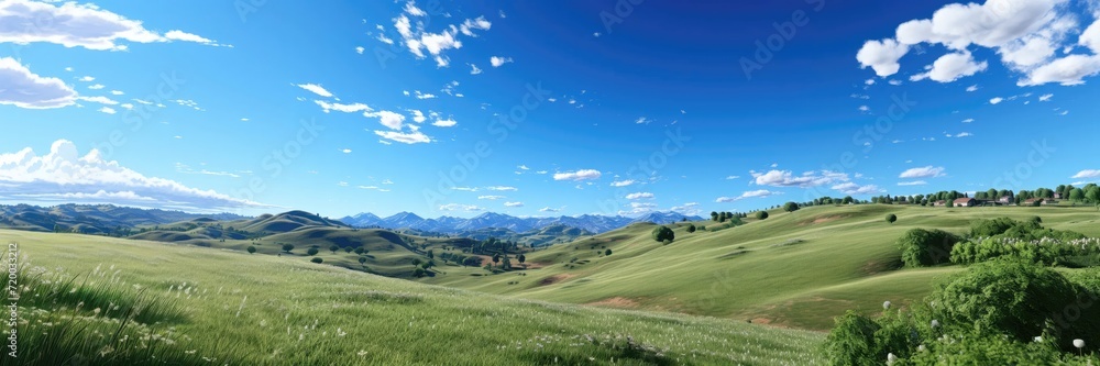 Green hills stretch under a clear blue sky, forming a tranquil and idyllic scene that radiates a sense of natural beauty and peacefulness.