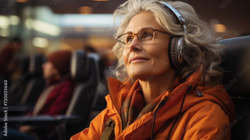 Passenger elderly woman of commercial airplane on their seats during flight,Travel concept Passenger elderly woman of commercial airplane on their seats during flight,Travel concept