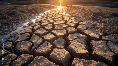 Sunset over a dry riverbed, the cracked soil telling of drought.