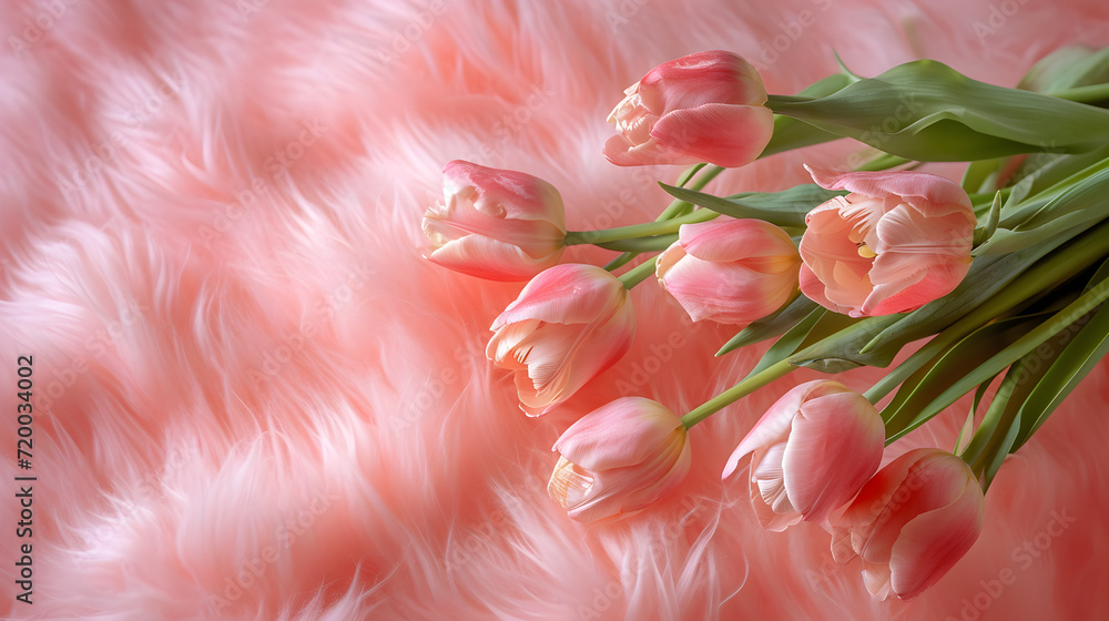 Beautiful pink tulips on a peach fuzz background, top view