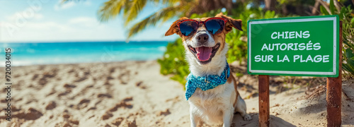 un chien sur une plage, contre un panneau autorisant les chiens sur la plage