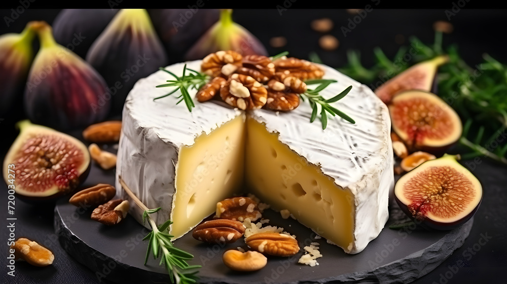 French Camembert cheese, served with aromatic herbs, figs and nuts on a dark concrete tray. Taste of France, rustic style