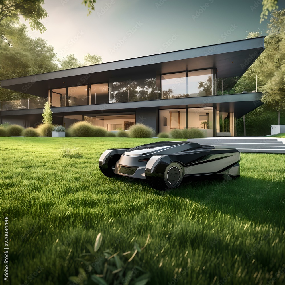 Futuristic car parked on green lawn in front of modern house at sunrise. conceptual luxury lifestyle image. AI Futuristic car parked on green lawn in front of modern house at sunrise. conceptual luxury lifestyle image. AI