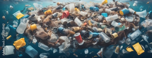 Floating plastic garbage in the ocean or sea. Environmental problem of ocean pollution. photo