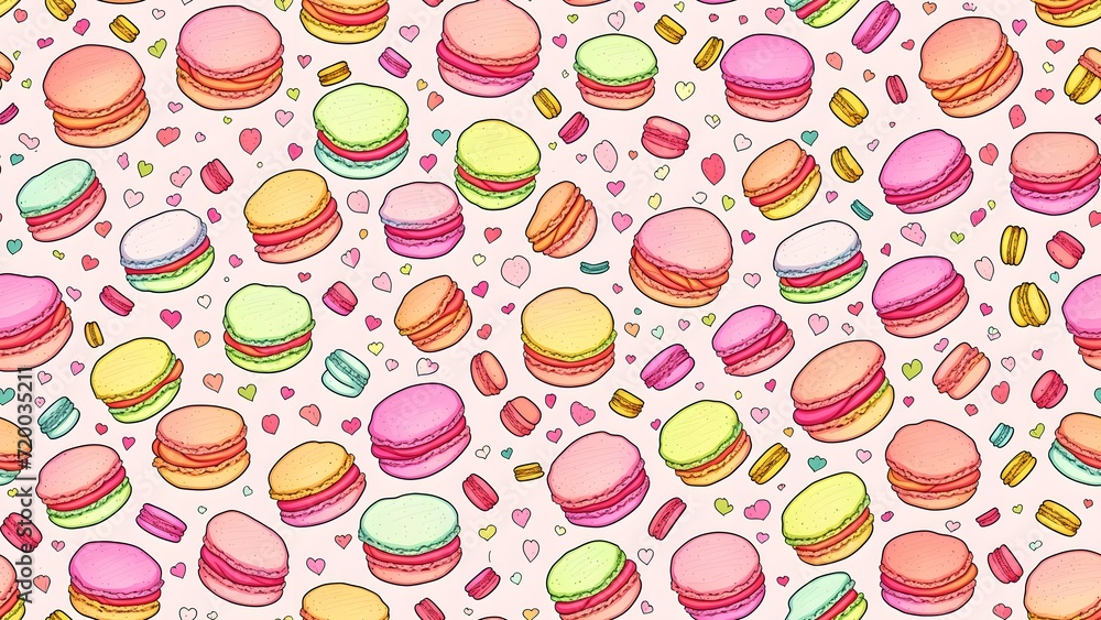 Close up of colorful macaroons. Macarons pattern flat lay. Seamless pattern for bakery, pastry shop, confectionery, wrapping paper or packaging