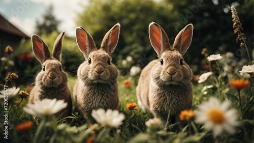 three rabbits in a beautiful garden looking at a camera