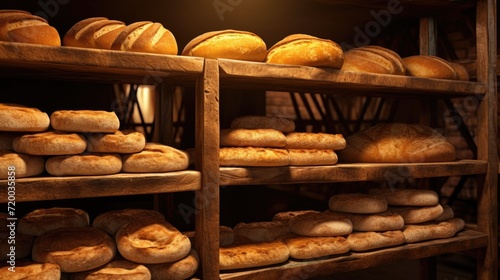 Closeup baked bread loaves in wooden shelves of a bakehouse