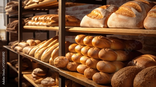 Closeup baked bread loaves in wooden shelves of a bakehouse