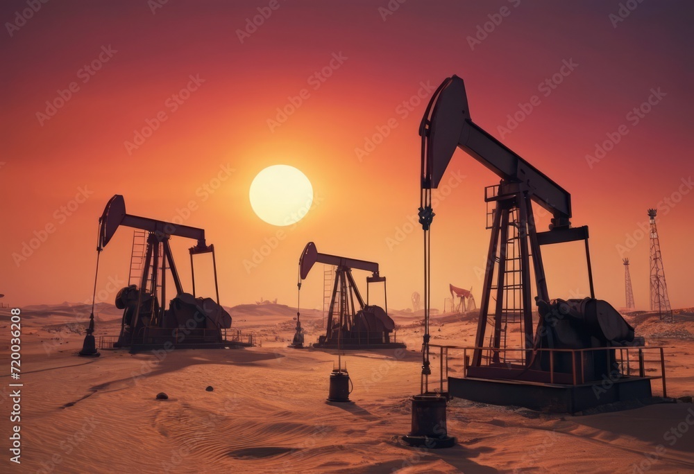 The change in oil prices caused by the war. Oil price cap concept. Oil drilling derricks at desert oilfield. Crude oil production from the ground. Petroleum production.